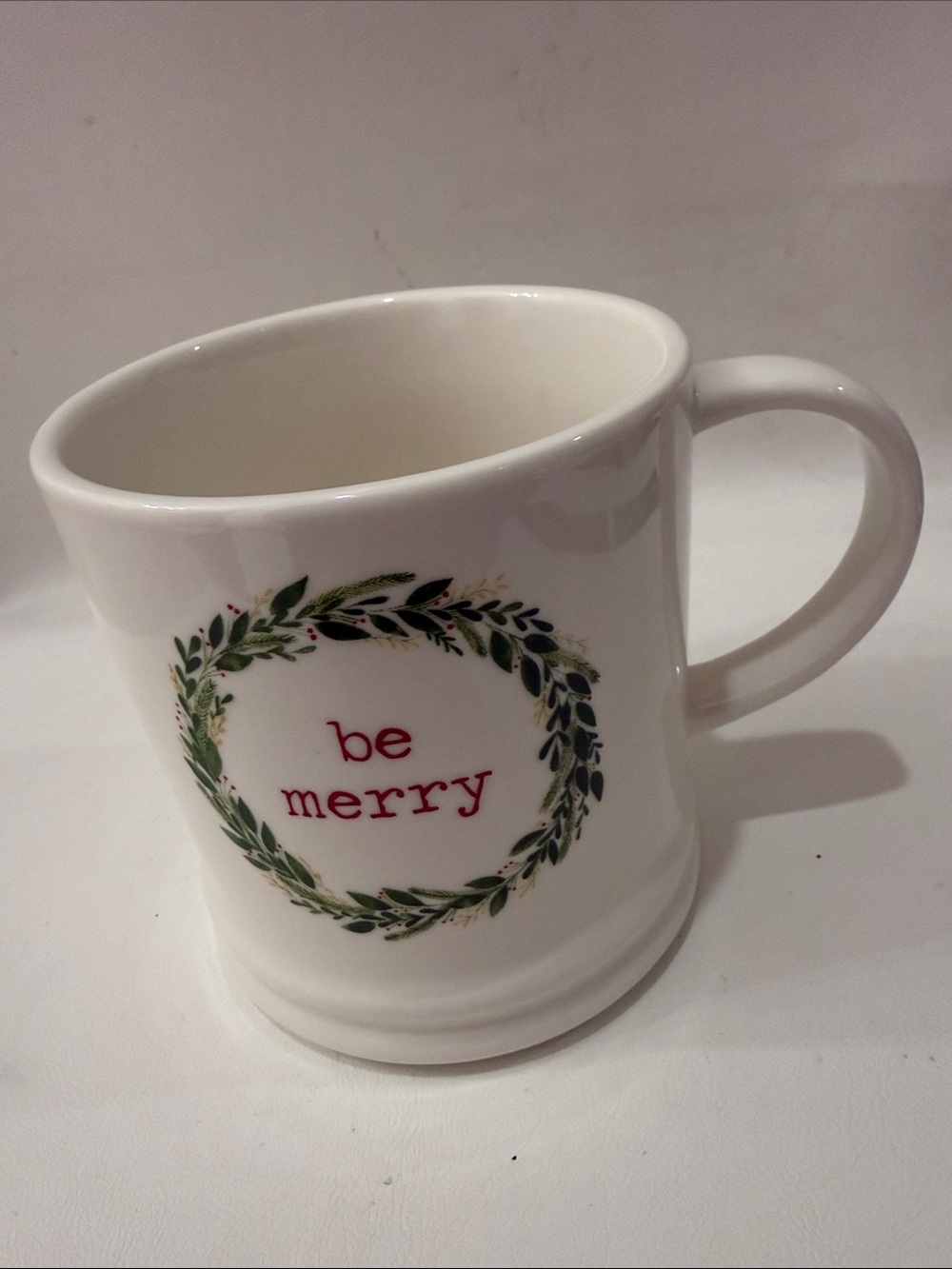Threshold White Ceramic Mug Green Wreath  Red be merry Text 3 1/2 X 4 in tall
